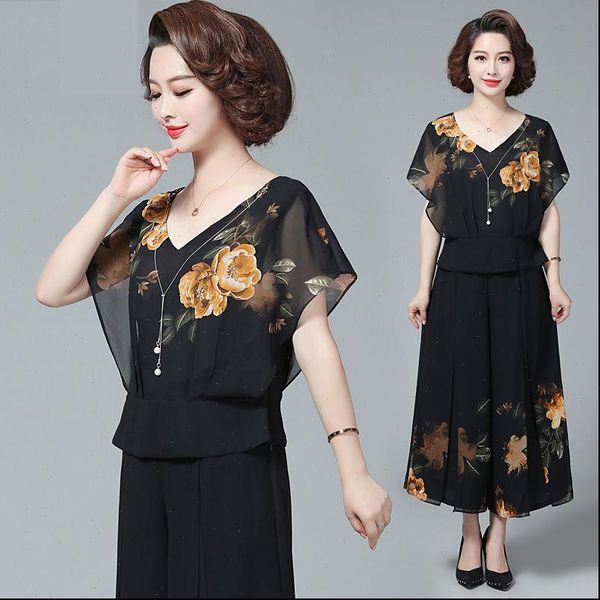 

floral printed two pieces women tracksuits suits set short sleeved with pants summer chiffon fashion 2 piece plus size, Gray