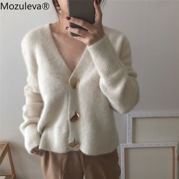 

mozuleva soft mohair cardigans female unique breasted v neck knit sweater long sleeve jacket winter jumper, White
