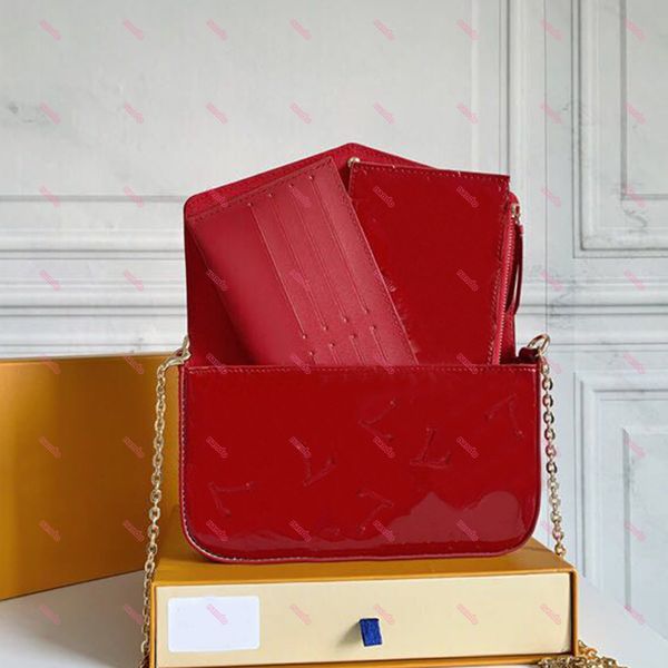 

patent leather glossy 3 in 1 purse with middle sandwich can be detachable luxury designer wallet for men and women's bags c7, Red;black