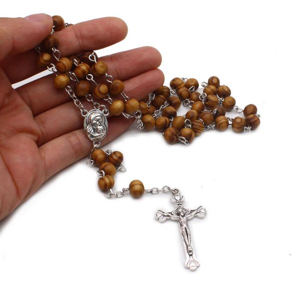 

chains catholic wood beads rosary necklace christ jesus virgin mary cross long religious, Silver