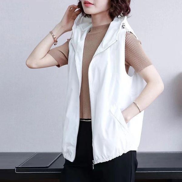 

women's vests 2021 women autumn elegant plus size vest lady chic loose hooded zipper sleeveless female casual solid short waistcoat i90, Black;white