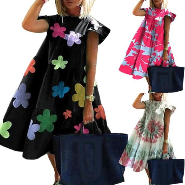 

women casual summer o neck short sleeve floral print large hem a line dress dresses, Black;gray