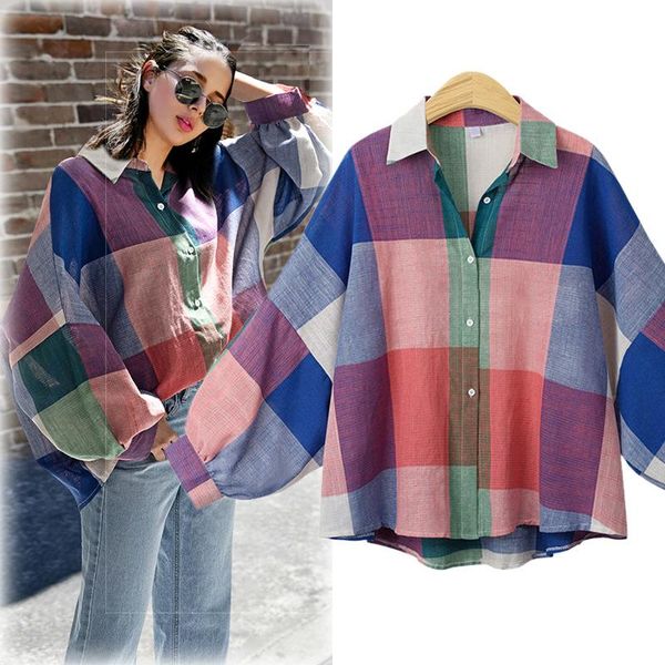 

women's blouses & shirts spring autumn women plus size casual loose turn-down collar batwing sleeve plaid shirt for larger blouse top, White