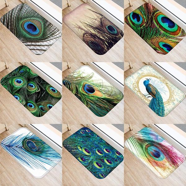 

peacock feather pattern 40*60cm kitchen entrance door mat coral velvet carpet rubber indoor floor mats non-anti-slip rug 48027 carpets