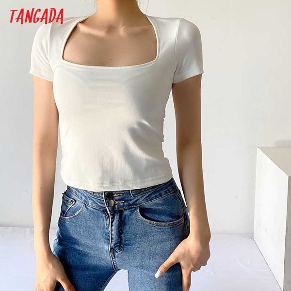 

tangada women summer square collar white crop t shirt short style short sleeve female 2b08 210609