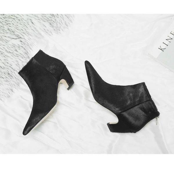 

leopard ankle for women pointed toe horsehair leather back zip autumn winter plush boots low heel short 64v1, Black