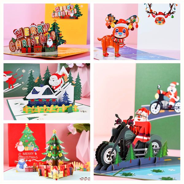 Biglietti pop-up di Natale Regalo di auguri di Natale con buste Adesivi Cartoncino sfuso Carta liquida Decorazioni per interni Ornamenti Vintage Babbo Natale Bambini Donna Uomo Mamma 5 PC