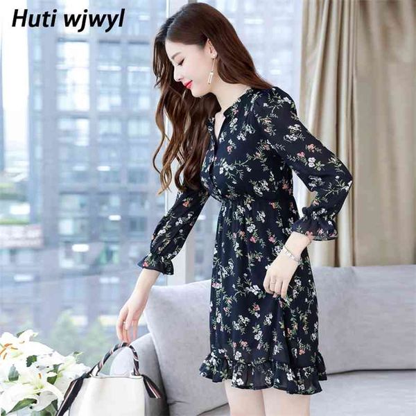

vintage print long sleeve mini dresses autumn winter 3xl plus size floral chiffon dress elegant women bodycon party vestido 210528, Black;gray
