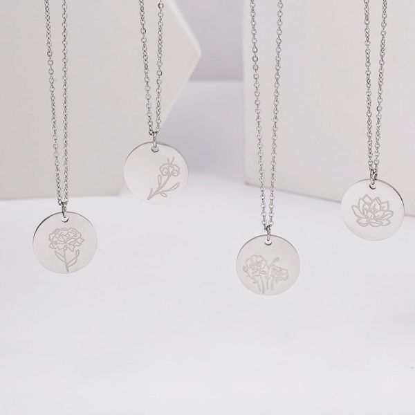 

charms birth flowers neckaces for women personality jewelry collier femme stainless steel round pendant necklace lover gift necklaces, Silver