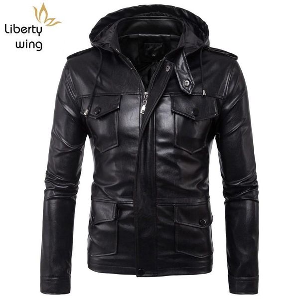 

men's fur & faux pu leather jacket men multi pockets epaulet hooded jackets large size m-5xl casaco masculino motor biker homme outwear, Black
