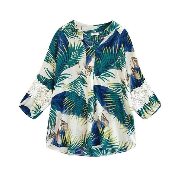 

floral plant leaf print blue green lace 3/4 three quarter sleeve lantern women loose shirt v neck blouse b0089 210514, White