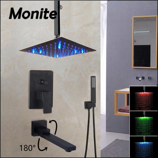 

monite 8 12 16 inch matte black shower faucet rainfall tub led bathtub rain square head waterfall set bathroom sets
