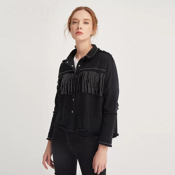 

women's jackets women fashion tassel beaded oversized denim jacket coat vintage long sleeve frayed hem female outerwear chic, Black;brown
