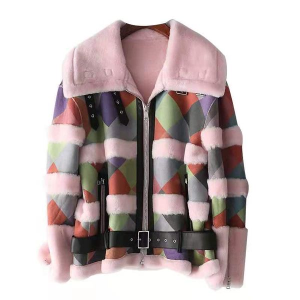 

women's wool & blends 2021 winter classic style women fur jacket genuine leather overcoat casual zipper up boomber shearing sheepskin c, Black