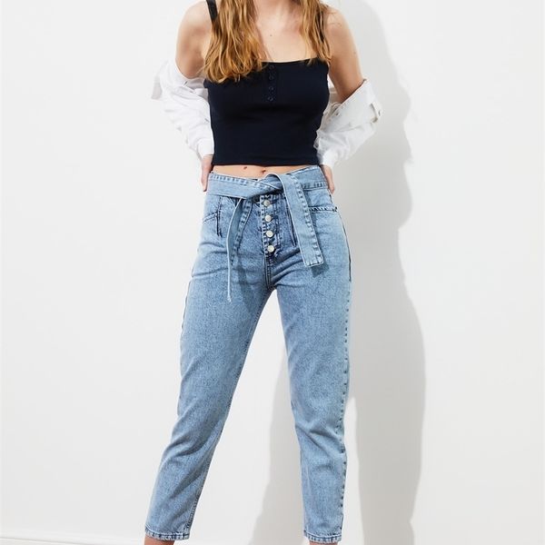 

trendyol lacing high detailed bel mom jeans twoss21je0516, Blue