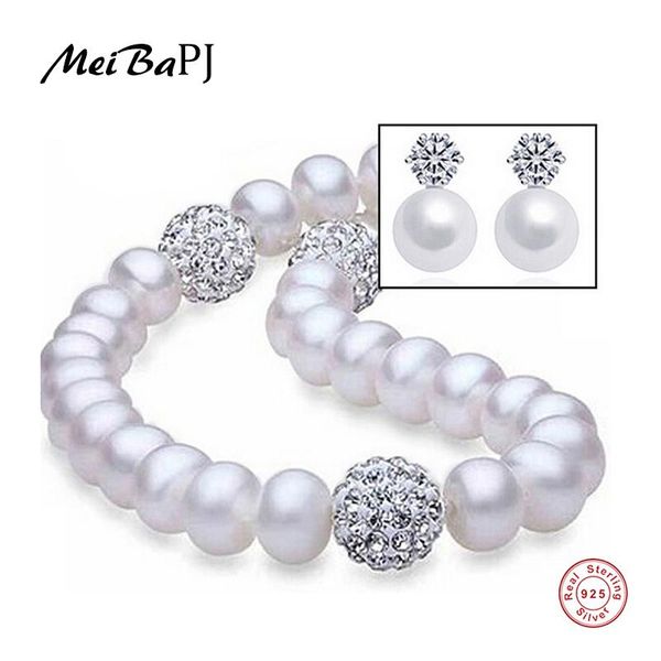 

[meibapj] sale 8-9mm big size natural freshwater pearl beads noble jewelry sets s925 sterling silver wedding women bracelet, earrings & neck, Black