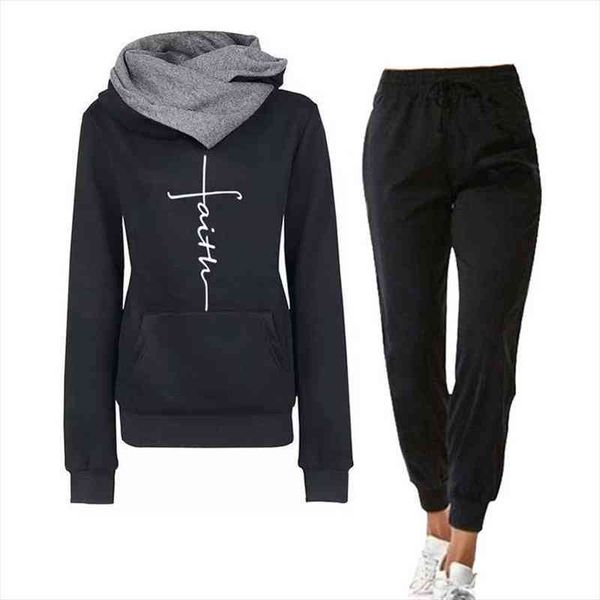 

spring autumn tracksuit women print hooded pullover hoodies and elastic waist sports pants casual outfits suit female clothes, Gray