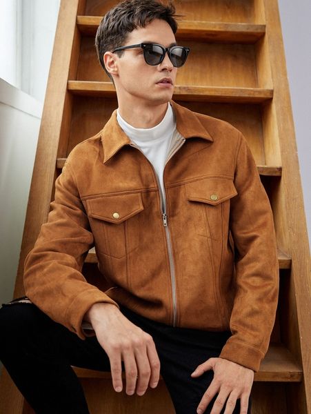 

men zip up flap detail suede jacket m4ge#, Black;brown