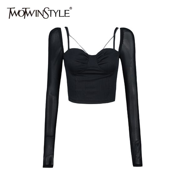 

twotwinstyle slim patchwork t shirt for women square collar long sleeve see through short female fashion clothing 210517, White