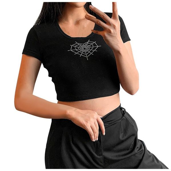 

t-shirts women's girls o-neck personality diamonds cropped short sleeve t-shirt slim woman 2021 manga corta, White
