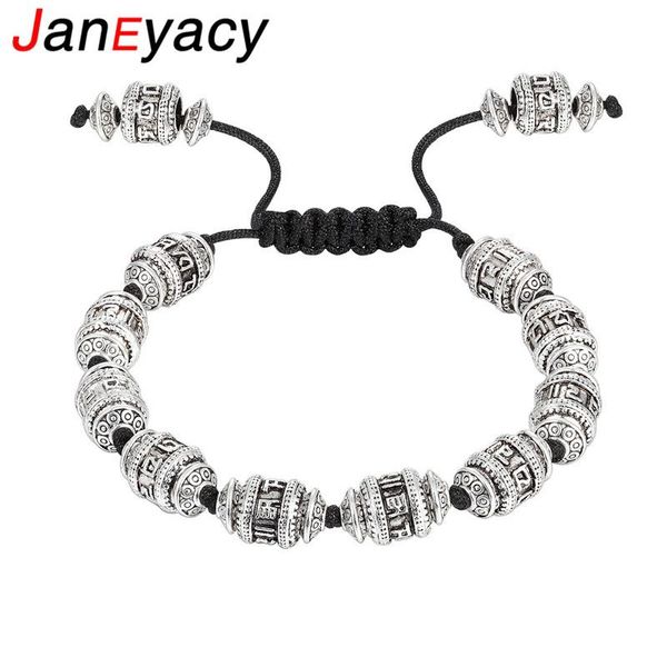 

fashion tibetan buddhism retro bracelet women om mani padme hum creative metal amulet beads men six-character mantra link, chain, Black