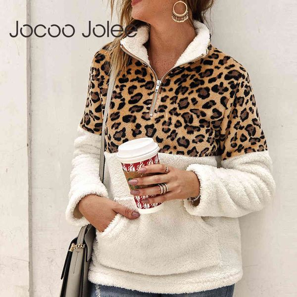 Frauen Winter Leopard Patchwork Fleece Hoodies Rollkragen Reißverschluss Sweatshirts Flauschige Dicke Warme Pullover Outwear 210428