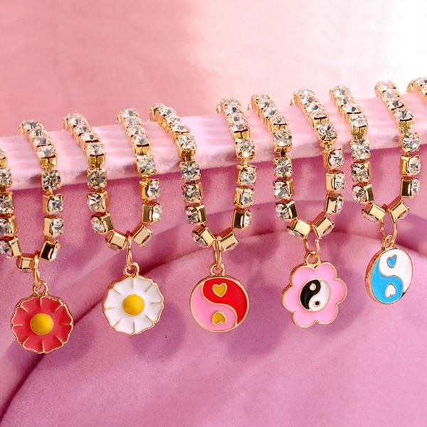 

anklets multicolor yin yang tai chi flower enamel pendant for women crystal tennis chain barefoot anklet bohemia jewelry, Red;blue