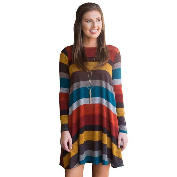 

casual dresses autumn fashion women's loose round neck color striped long-sleeved dress women, Black;gray