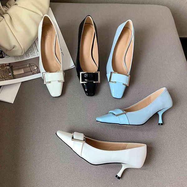 

dress shoes fashion women pumps belt buckle shallow slip on thin high heels slides slippers blue/black/white office work elegant n