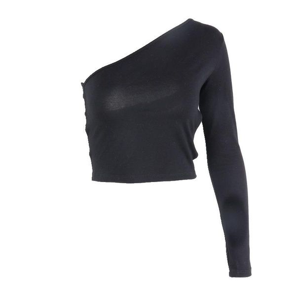 

women's t-shirt women black solid color hollow out crop one shoulder diagonal collar long sleeves basic tee fashion female clothing, White
