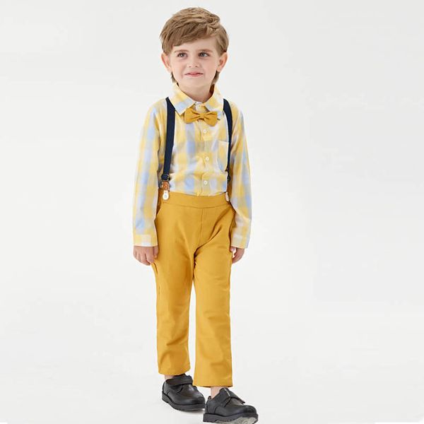 

boys clothing sets kids suits outfit baby clothes long sleeve plaid shirts suspenders trousers pants 2pcs gentleman birthday child wear b727, White