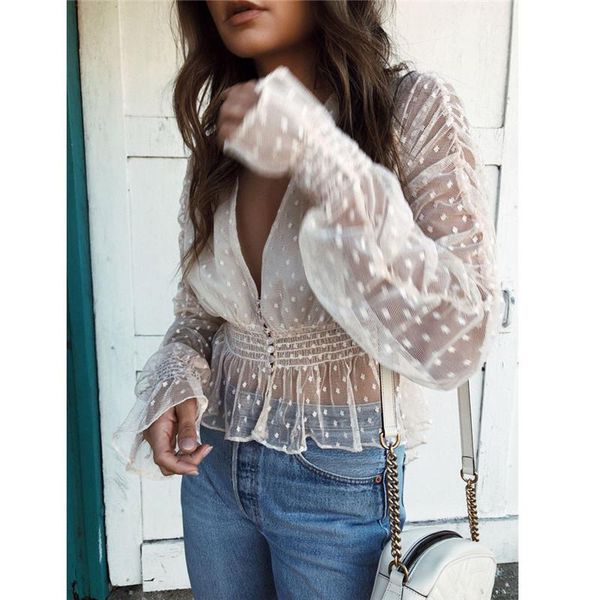 

women mesh sheer slim ladies high street blouse casual long sleeve deep v neck women's blouses & shirts, White