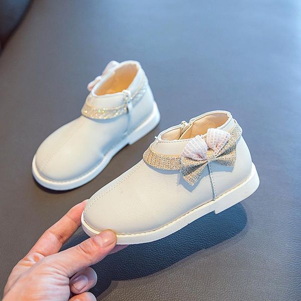 

boots 2021 fashion autumn bow kids shoes baby girls ankle leather princess children' pink beige 1 2 3 4 5 6 years, Black;grey