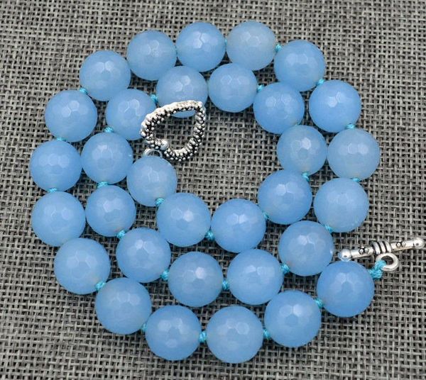 

chains natural 12mm faceted blue aquamarine round gemstone beads necklace 18'', Silver