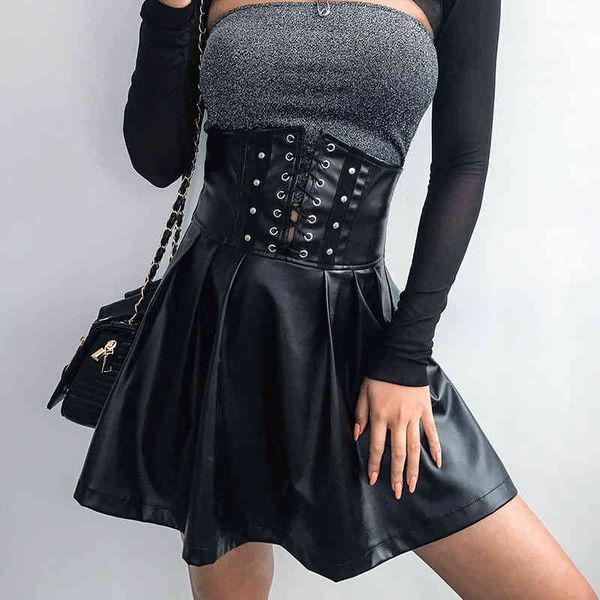

skirts harajuku faux leather women's cross lace up high waist black mini female summer pu pleated buttoms ladies d8h3