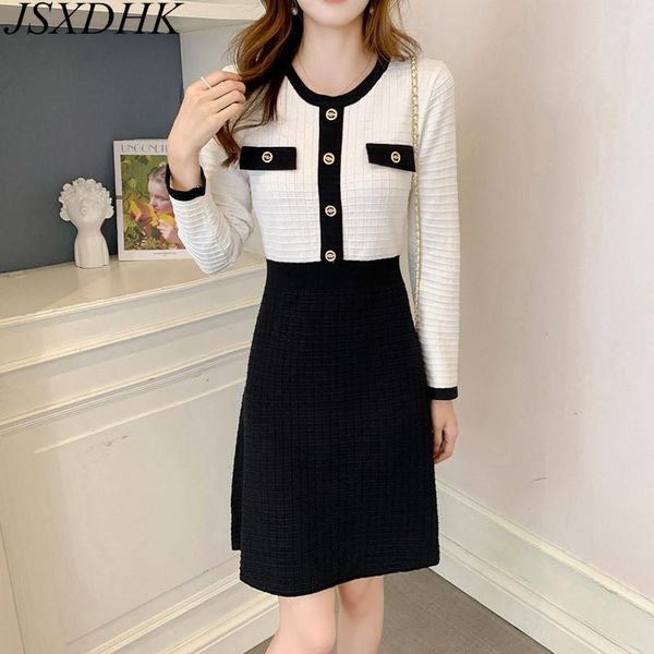 

casual dresses jsxdhk korean women black white patchwork color button knitted dress elegant autumn long sleeve o neck ladies sweater, Black;gray