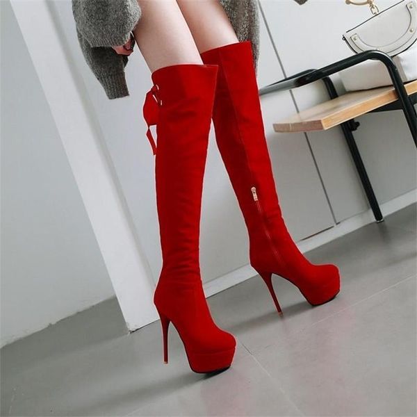 

boots beautiful shoes autumn and winter women's thin heel red high elastic knee large small, Black