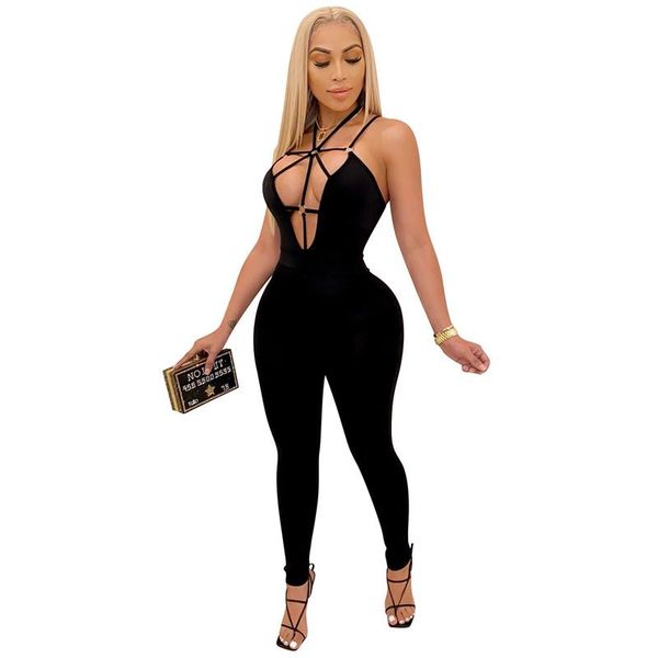 

women's jumpsuits & rompers summer sling jumpsuit pants leggings fashion solid hollow deep v-neck skinny fitness club overalls clothes, Black;white