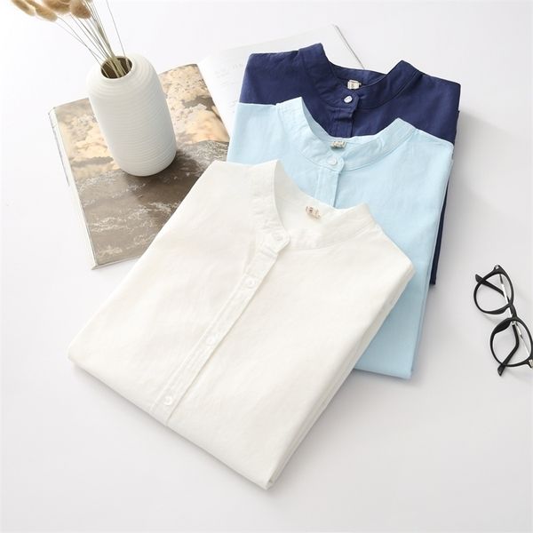 

eym brand new arrival women's shirt casual cotton stand collar solid color white long sleeve blouses simple style lady 210410