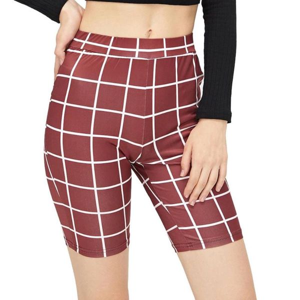 

women's shorts fashion plaid print mid waist stretch leggings fitness cycling korean street style sweatpants for 2021 summer, White;black