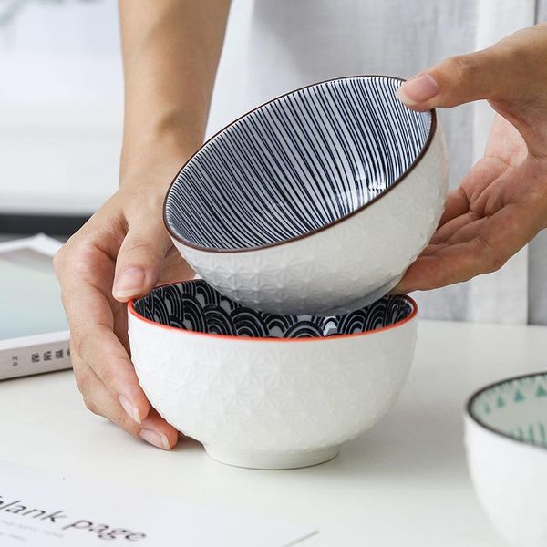 

4-6inch northern europe simple bowls underglaze color ceramic household dinnerware relief anti-ironing soup ramen bowl crockery