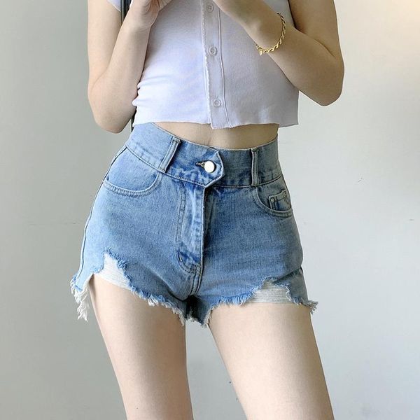 

women's shorts women high waist ripped denim with -cut hem, White;black