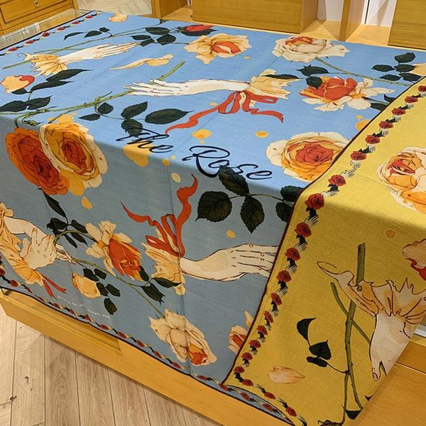 

scarves 50% cashmere silk scarf women vintage rose flower & hand shawl stole double-sided different color kerchief 135*135cm, Blue;gray