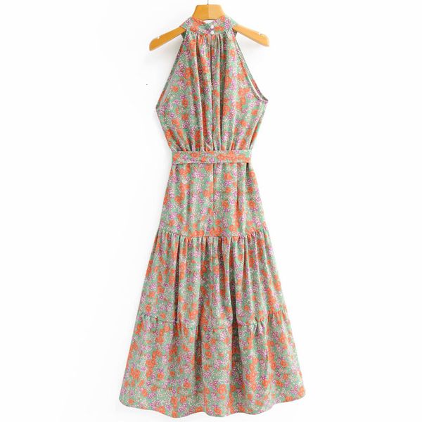 

dresses ethnic style sleeveless hanging neck belt stitching chic female dresses sweet print beach holiday party women's dress, Black;gray