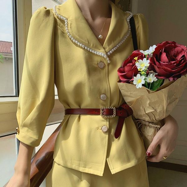 

two piece dress french style vintage 2 sets women suit pearl notched sashes blazer+ skirt elegant office lady clothes chic suits, White