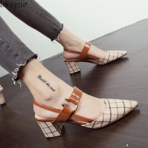 

dress shoes 2021 korean fashion comfortable high heels pointed wild plaid, Black