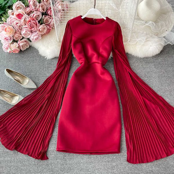 

summer red/blue/black party dress women elegant round neck flare long sleeve high waist bodycon vestidos casual robe 2021 new y0603, Black;gray