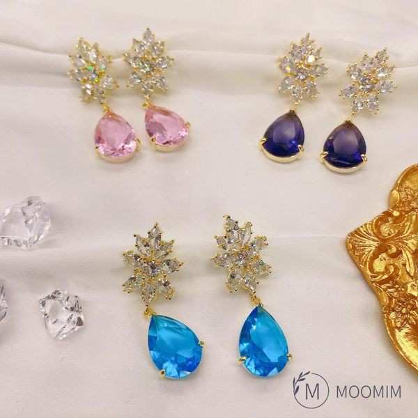 

dangle & chandelier purple sapphire pink crystal drop earrings gold flower cubic zirconia elegant exquisite classic wedding bridal jewelry, Silver