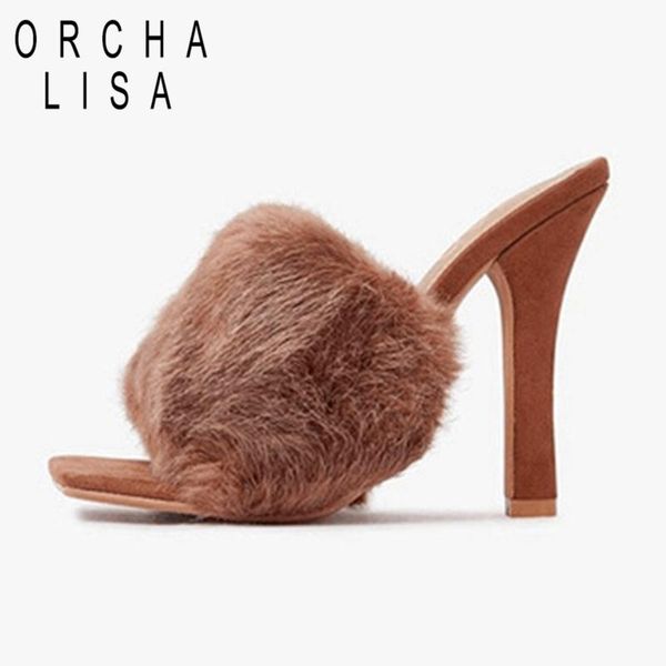 

dress shoes orchalisa 2021 ins fur flurry fuzzy heeled mules sandals slippers block sturdy heels party club purple green brown red, Black