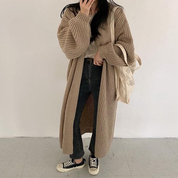 

women's knits & tees women casual long knitted cardigan vintage loose sweater coat black color oversized jumper korean fashion retro c, White